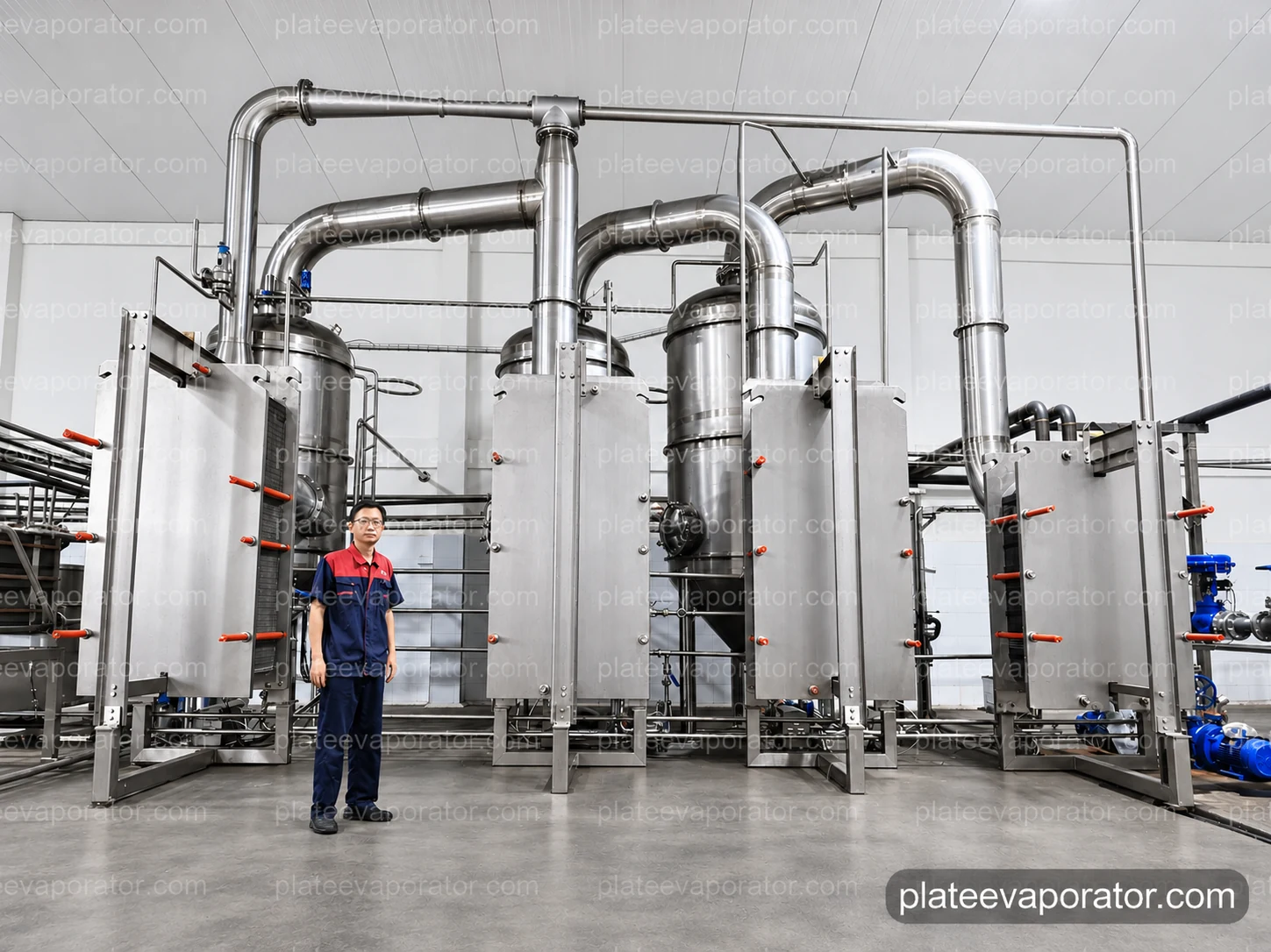 Front view of the installed plate evaporation system with plate packs, separation vessels and connected piping