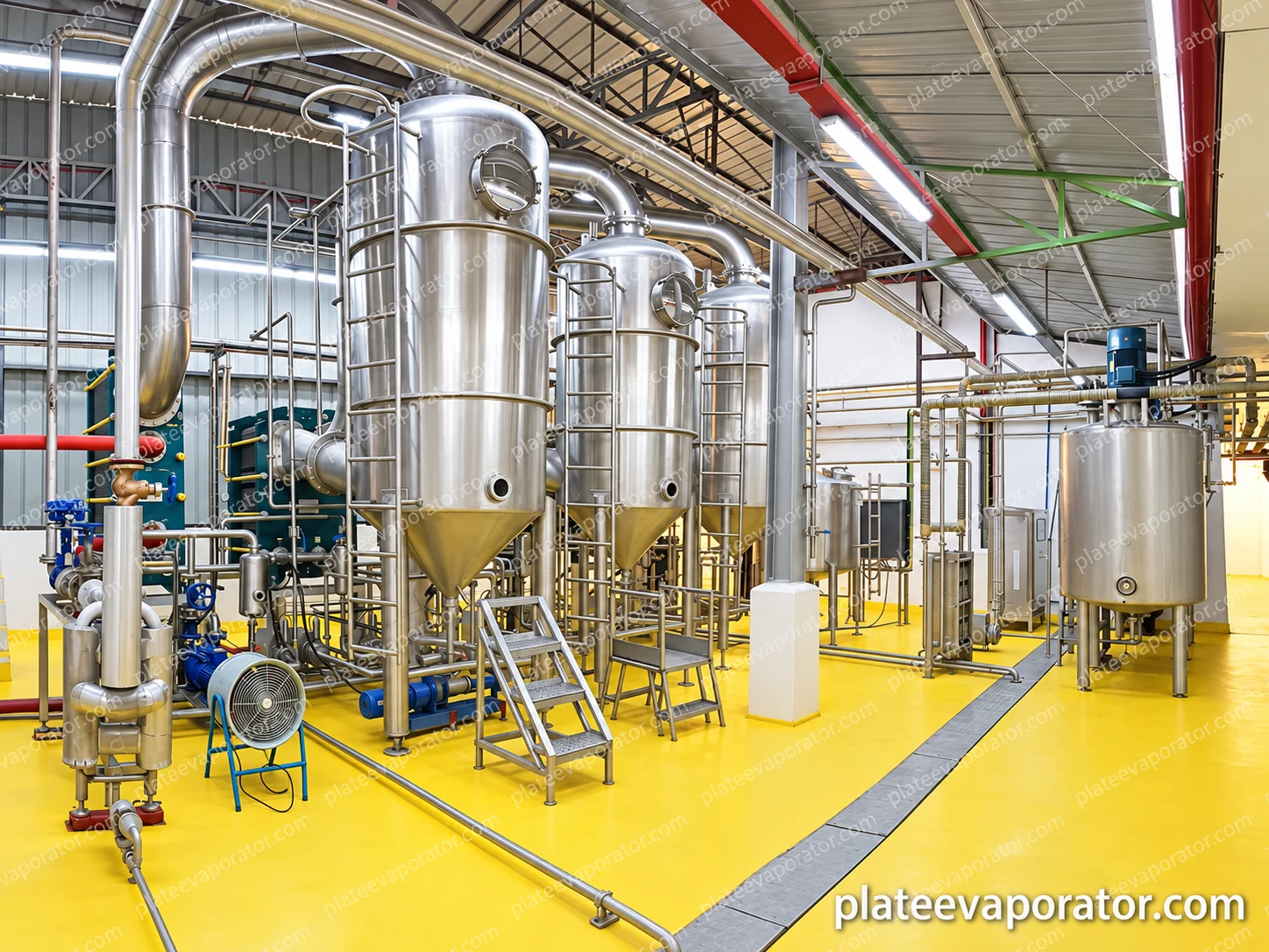 Installed evaporation vessels, plate frames, pumps and pipework on a yellow-floored production area